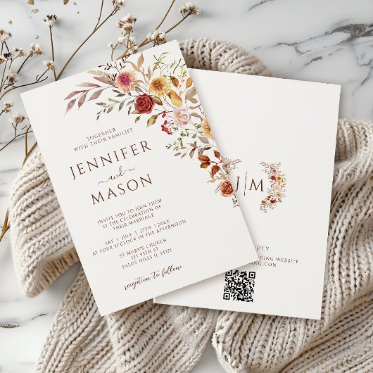 Invitation Élégant Burgundy Automne Automne Floral Mariage QR