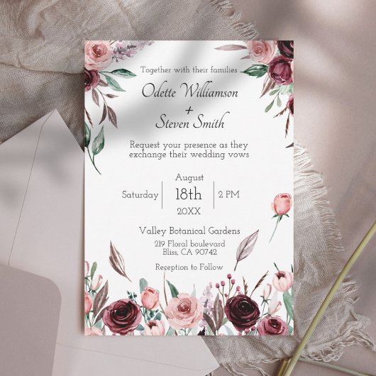 Invitation Elégant Burgundy Blush Aquarelle Floral Mariage