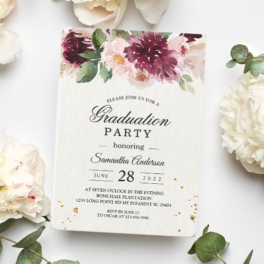 Invitation Elégant Burgundy Blush Aquarelle Florale
