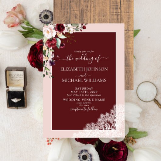 Invitation Elégant Burgundy Blush Botanical Rustic Mariage