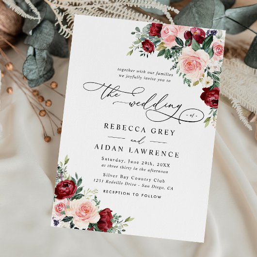 Invitation Elégant Burgundy Blush Floral Greenery Mariage