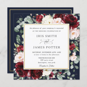Invitation Élégant Burgundy Blush Floral Navy Mariage Carré