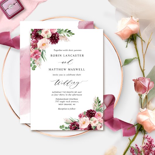 Invitation Élégant Burgundy Blush Floral Springs Mariage