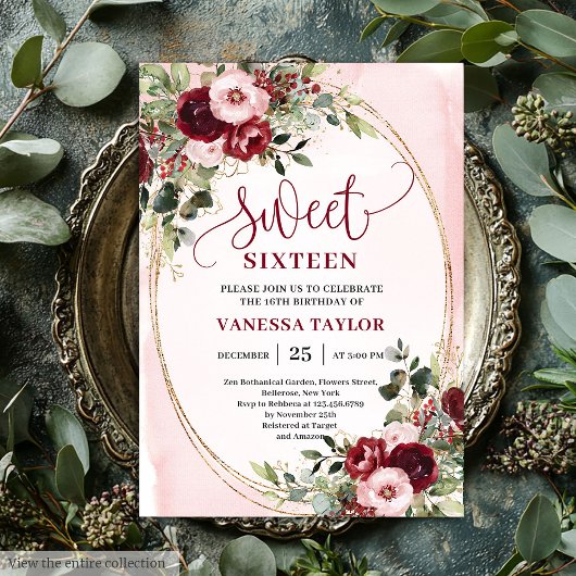 Invitation Elegant Burgundy Blush Floral Sweet Sixteen Invite