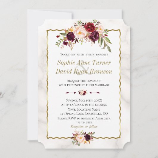 Invitation Elégant Burgundy Blush Flowers or Marbre Mariage (Devant)