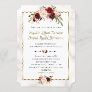 Invitation Elégant Burgundy Blush Flowers or Marbre Mariage