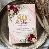 Invitation Elégant Burgundy Blush Gold Roses 80e anniversaire