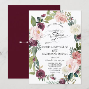 Invitation Élégant Burgundy Blush Ivory Floral Wreath Mariage