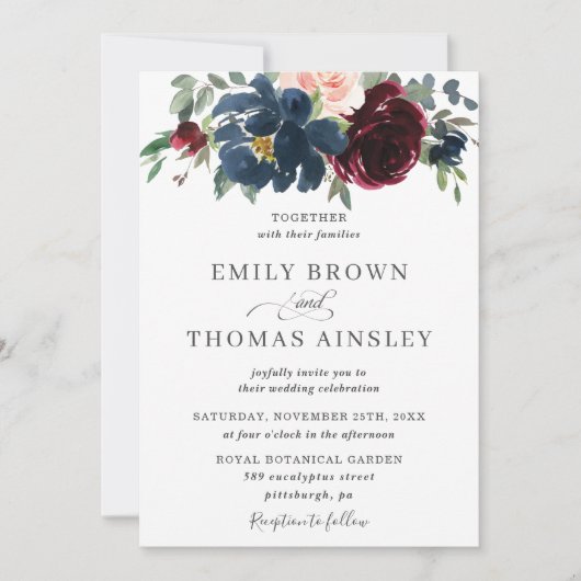 Invitation Elégant Burgundy Blush Navy Blue Floral Mariage (Devant)