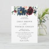 Invitation Elégant Burgundy Blush Navy Blue Floral Mariage (Debout devant)