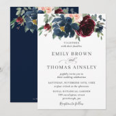 Invitation Elégant Burgundy Blush Navy Blue Floral Mariage (Devant / Derrière)