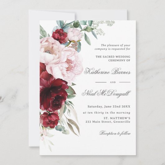Invitation Élégant Burgundy Blush Peonies Floral Mariage (Devant)