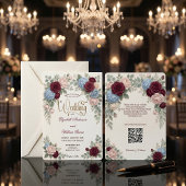 Invitation Elegant Burgundy Blush Pink Modern QR Code Wedding