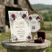 Invitation Elegant Burgundy Blush Pink Modern QR Code Wedding