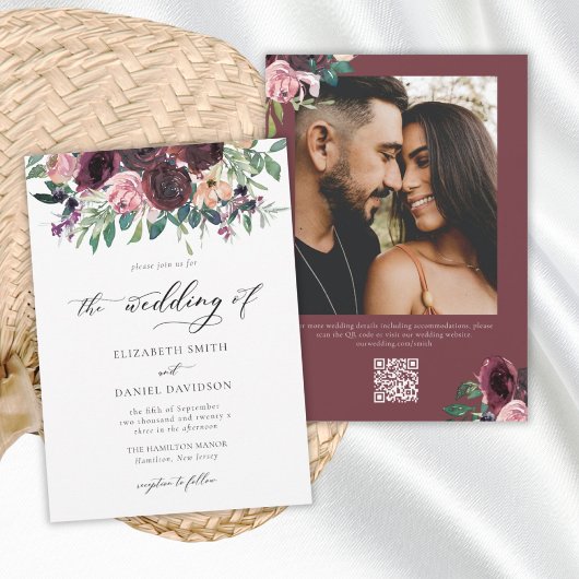 Invitation Elégant Burgundy Blush QR Code Mariage photo