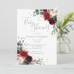 Invitation Elégant Burgundy Blush Rose Floral Blue Baby Invit