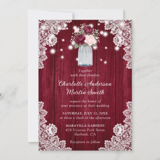 Invitation Élégant Burgundy Blush Rustic Wood Floral Mariage (Devant)