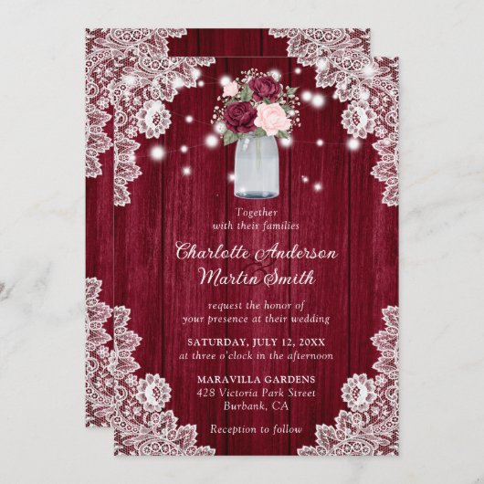 Invitation Élégant Burgundy Blush Rustic Wood Floral Mariage (Devant / Derrière)