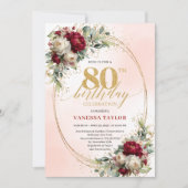 Invitation Elegant Burgundy Bohemian Floral 80th Birthday  (Devant)
