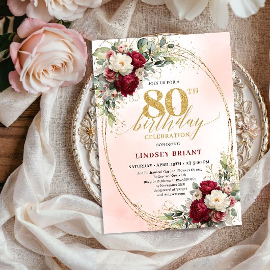 Invitation Elegant Burgundy Boho Botanical 80th Birthday  