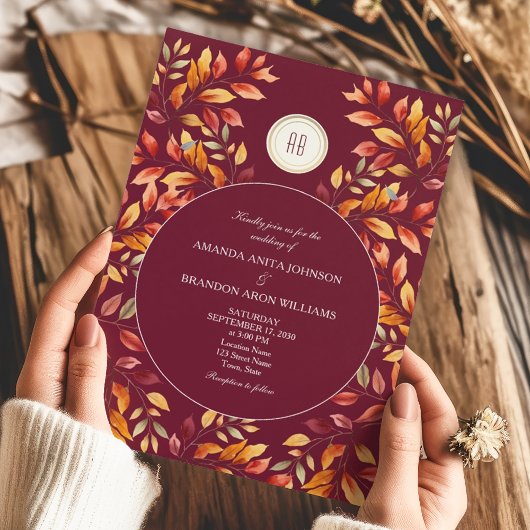 Invitation Elegant Burgundy Fall Leaves Wedding