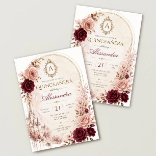 Invitation Élégant Burgundy Fleurs Rosées Robe de Quinceañera