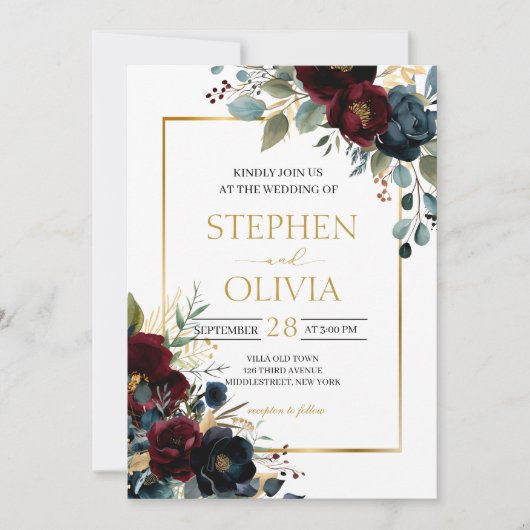 Invitation Elegant Burgundy Floral Blooms wedding  QR details (Devant)