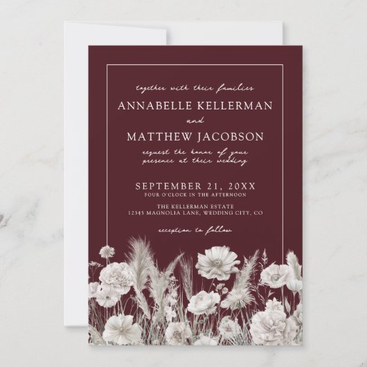 Invitation Elegant Burgundy Floral Boho Wedding (Devant)