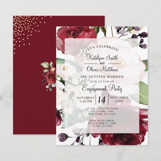 Invitation Élégant Burgundy Floral Gold Foil (Devant / Derrière)