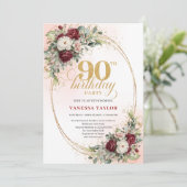 Invitation Elegant Burgundy Floral Gold Frame 90th Birthday (Debout devant)