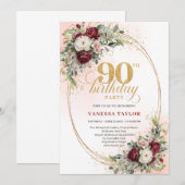 Invitation Elegant Burgundy Floral Gold Frame 90th Birthday (Devant / Derrière)