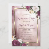 Invitation Élégant Burgundy Floral Gold Frame Retraite (Devant)