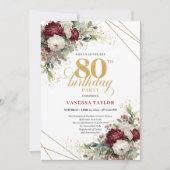 Invitation Elegant Burgundy Floral Greenery 80th Birthday (Devant)