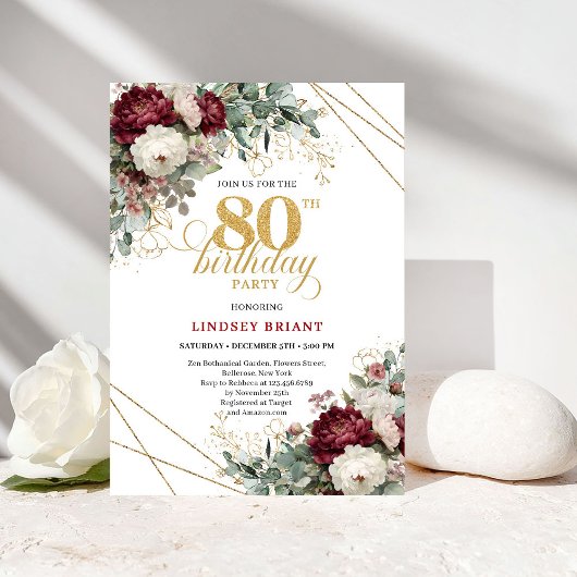 Invitation Elegant Burgundy Floral Greenery 80th Birthday