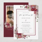 Invitation Élégant Burgundy Floral QR Code Mariage photo (Devant / Derrière)