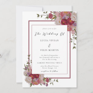 Invitation Élégant Burgundy Floral QR Code Mariage photo