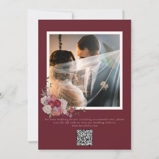 Invitation Élégant Burgundy Floral QR Code Mariage photo (Dos)