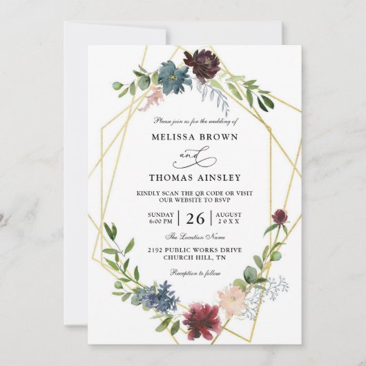 Invitation Elegant Burgundy Flowers Budget QR Code Wedding (Devant)