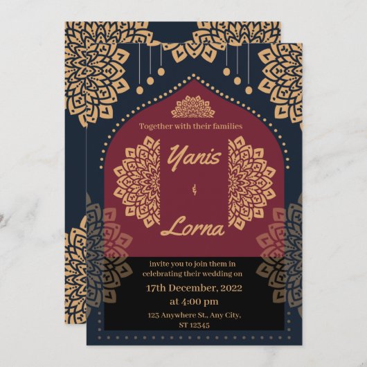 Invitation ÉLÉGANT Burgundy GOLD CLASSIQUE MANDALA MARIAGE IN (Devant / Derrière)