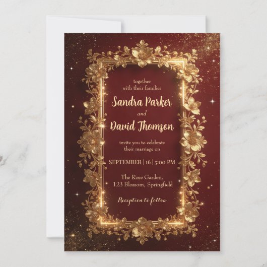 Invitation Elegant Burgundy & Gold Floral Frame Wedding (Devant)