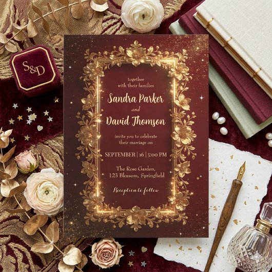 Invitation Elegant Burgundy & Gold Floral Frame Wedding 