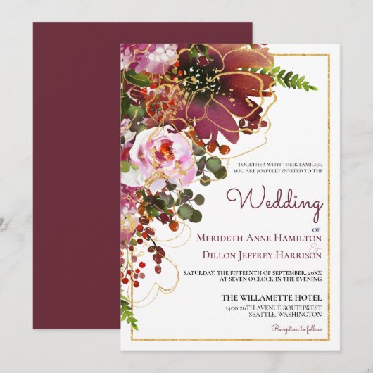 Invitation Elégant Burgundy Gold Floral Mariage moderne (Devant / Derrière)