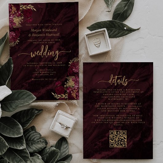 Invitation Elegant Burgundy Gold Floral QR Code Wedding