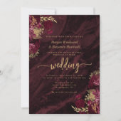 Invitation Elegant Burgundy Gold Floral QR Code Wedding (Devant)