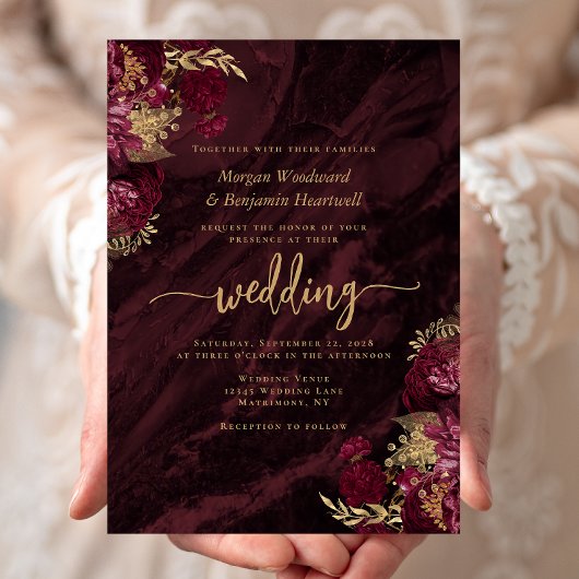 Invitation Elegant Burgundy Gold Floral Wedding