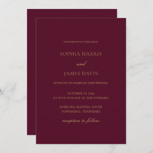 Invitation Élégant Burgundy Gold Minimal Mariage tout en un