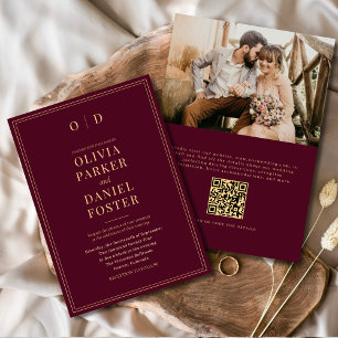 Invitation Elegant Burgundy Gold Photo QR Code Mariage