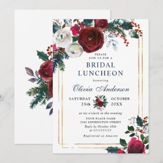 Invitation Élégant Burgundy Hiver Roses BRIDAL LUNCHEON