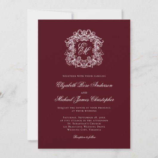 Invitation Elegant Burgundy Monogram Crest Wedding (Devant)
