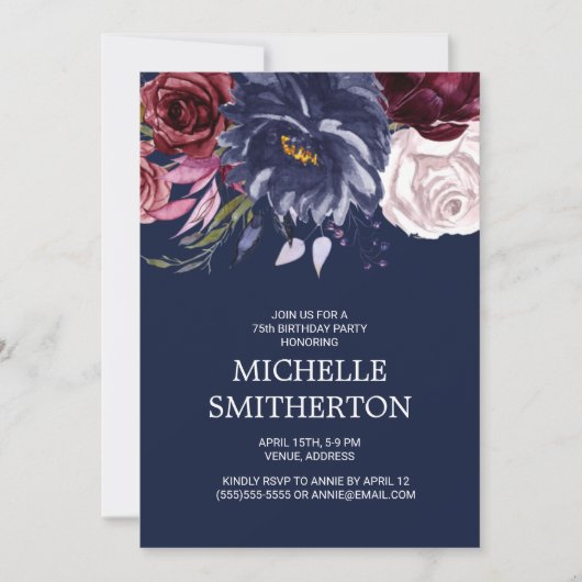 Invitation Elégant Burgundy Navy Blue Floral 75e anniversaire (Devant)